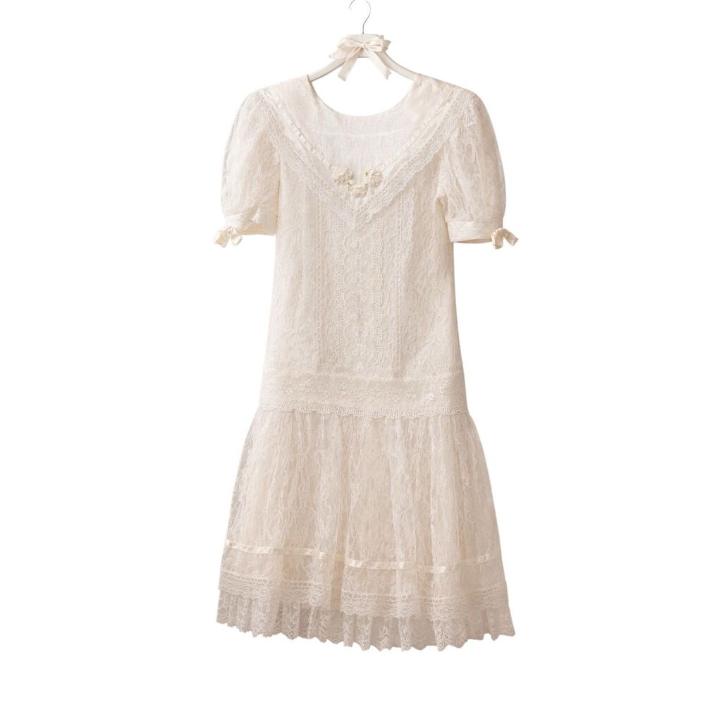 Vintage Gunne Sax Cottagecore Prairecore Lace Drop Waist Sailor Collar Dress 10